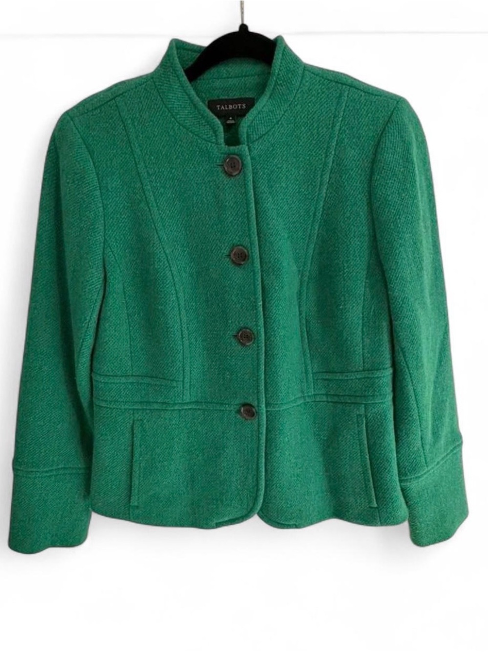 Talbots Button-Front Tailored Green Textured Wool Blend Blazer